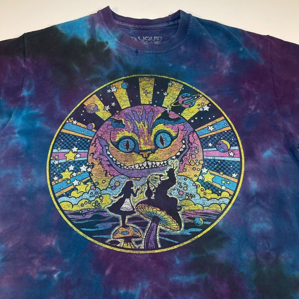 Vintage Liquid Blue Alice in Wonderland Cheshire Cat Tie Dye T Shirt Sz Mens M